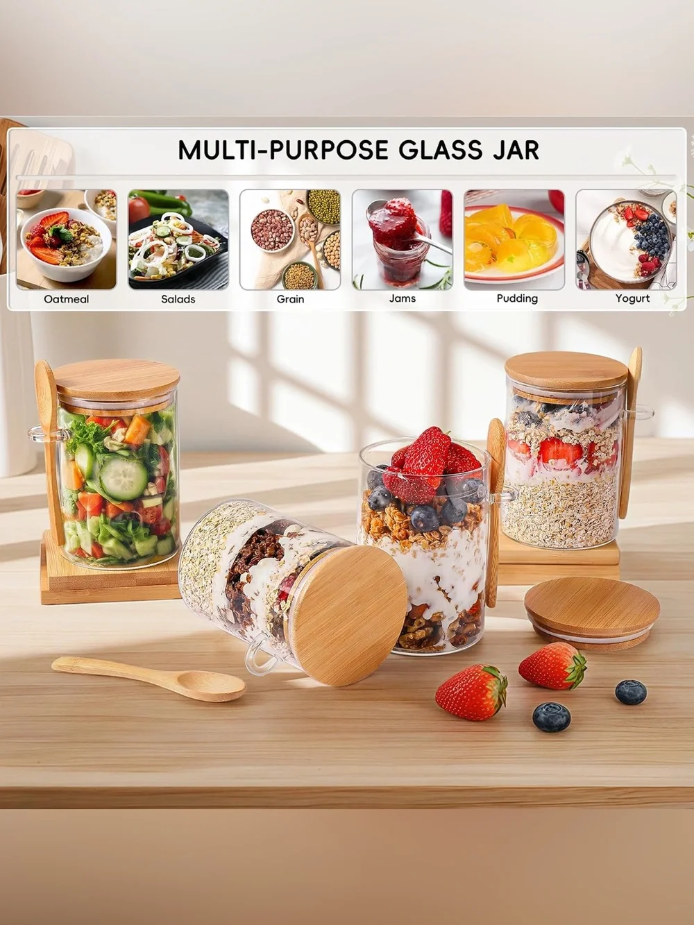 Bamboo Lid Glass Breakfast Jar with Spoons - Clear 4 pack 16 oz each